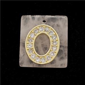 Rose Quartz Square Pendant With Copper Letter-O Pave Zirconia Gold Plated, approx 18mm