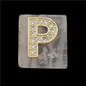 Rose Quartz Square Pendant With Copper Letter-P Pave Zirconia Gold Plated, approx 18mm
