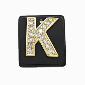 Black Obsidian Square Pendant With Copper Letter-K Pave Zirconia Gold Plated, approx 18mm