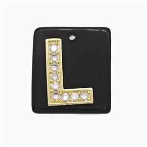 Black Obsidian Square Pendant With Copper Letter-L Pave Zirconia Gold Plated, approx 18mm