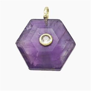 Purple Amethyst Hexagon Pendant Pave Zirconia, approx 17-19mm