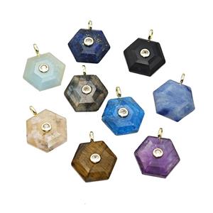 Mixed Natural Gemstone Hexagon Pendant Pave Zirconia, approx 17-19mm