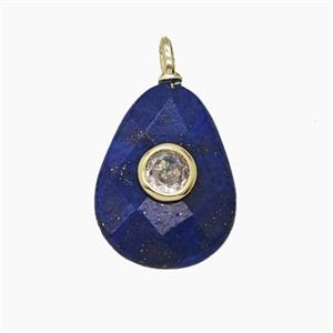 Natural Blue Lapis Lazuli Teardrop Pendant Pave Zirconia Faceted, approx 12-16mm