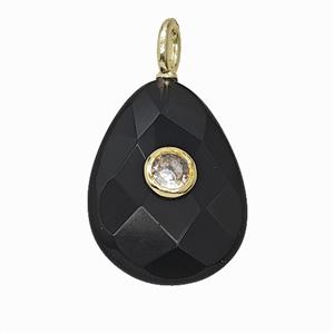 Natural Black Obsidian Teardrop Pendant Pave Zirconia Faceted, approx 15-20mm