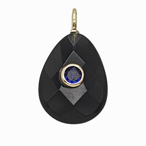 Natural Black Obsidian Teardrop Pendant Pave Zirconia Faceted, approx 15-20mm