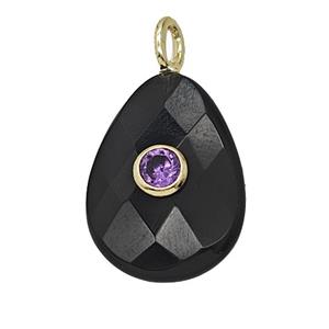 Natural Black Obsidian Teardrop Pendant Pave Zirconia Faceted, approx 15-20mm