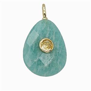 Natural Green Amazonite Teardrop Pendant Pave Zirconia Faceted, approx 15-20mm