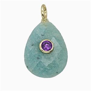 Natural Green Amazonite Teardrop Pendant Pave Zirconia Faceted, approx 15-20mm