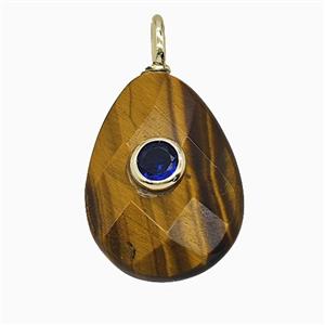 Natural Tiger Eye Stone Teardrop Pendant Pave Zirconia Faceted, approx 15-20mm