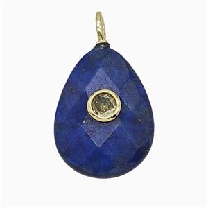 Natural Blue Lapis Lazuli Teardrop Pendant Pave Zirconia Faceted, approx 15-20mm