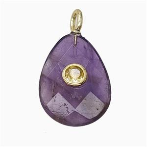 Natural Purple Amethyst Teardrop Pendant Pave Zirconia Faceted, approx 15-20mm