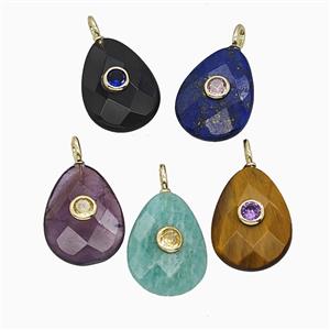 Natural Gemstone Teardrop Pendant Pave Zirconia Faceted Mixed, approx 15-20mm