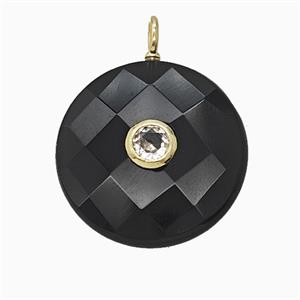 Natural Black Obsidian Circle Pendant Pave Zirconia Faceted, approx 25mm