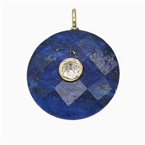 Natural Blue Lapis Lazuli Circle Pendant Pave Zirconia Faceted, approx 25mm