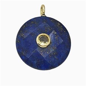 Natural Blue Lapis Lazuli Circle Pendant Pave Zirconia Faceted, approx 25mm