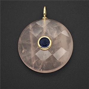 Natural Pink Rose Quartz Circle Pendant Pave Zirconia Faceted, approx 25mm