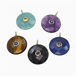 Natural Gemstone Circle Pendant Pave Zirconia Faceted Mixed, approx 25mm