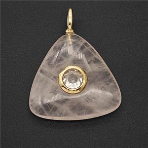 Natural Pink Rose Quartz Triangle Pendant Pave Zirconia, approx 20mm
