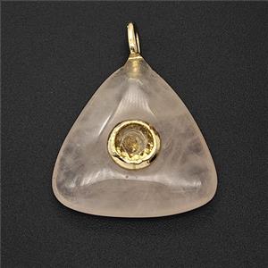 Natural Pink Rose Quartz Triangle Pendant Pave Zirconia, approx 20mm