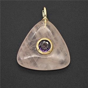 Natural Pink Rose Quartz Triangle Pendant Pave Zirconia, approx 20mm