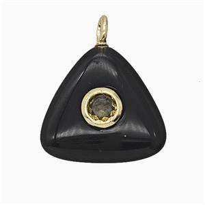 Natural Black Obsidian Triangle Pendant Pave Zirconia, approx 20mm