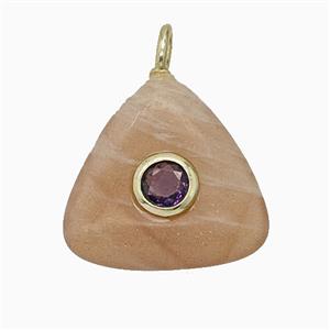 Natural Peach Sunstone Triangle Pendant Pave Zirconia, approx 20mm