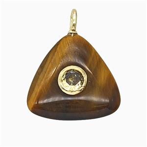 Natural Tiger Eye Stone Triangle Pendant Pave Zirconia, approx 20mm