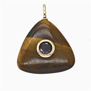 Natural Tiger Eye Stone Triangle Pendant Pave Zirconia, approx 20mm