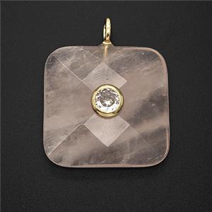 Natural Pink Rose Quartz Square Pendant Pave Zirconia Faceted, approx 25mm