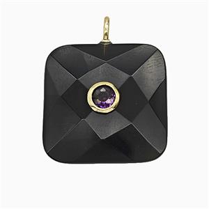 Natural Black Obsidian Square Pendant Pave Zirconia Faceted, approx 25mm