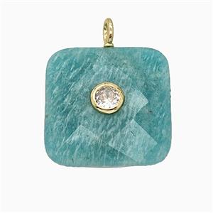Natural Green Amazonite Square Pendant Pave Zirconia Faceted, approx 25mm