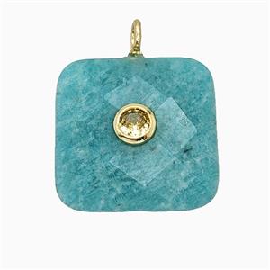 Natural Green Amazonite Square Pendant Pave Zirconia Faceted, approx 25mm