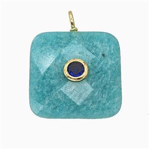 Natural Green Amazonite Square Pendant Pave Zirconia Faceted, approx 25mm