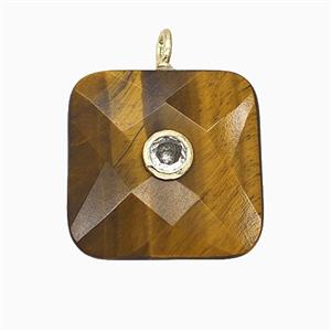 Natural Tiger Eye Stone Square Pendant Pave Zirconia Faceted, approx 25mm