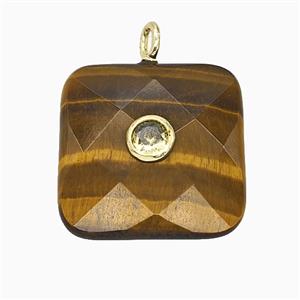 Natural Tiger Eye Stone Square Pendant Pave Zirconia Faceted, approx 25mm