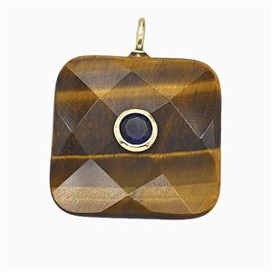 Natural Tiger Eye Stone Square Pendant Pave Zirconia Faceted, approx 25mm
