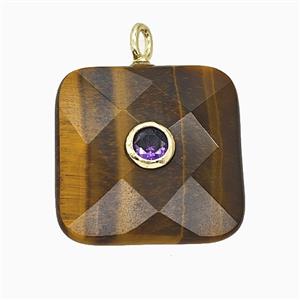 Natural Tiger Eye Stone Square Pendant Pave Zirconia Faceted, approx 25mm