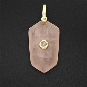 Natural Pink Rose Quartz Prism Pendant Pave Zirconia, approx 14-25mm