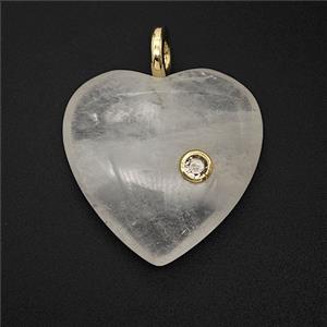 Natural Clear Crystal Quartz Heart Pendant Pave Zirconia, approx 25mm