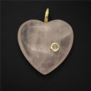 Natural Pink Rose Quartz Heart Pendant Pave Zirconia, approx 25mm