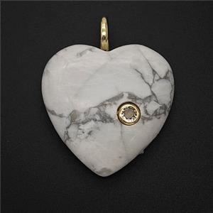 Natural White Howlite Turquoise Heart Pendant Pave Zirconia, approx 25mm