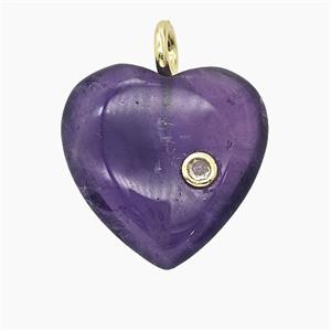 Natural Purple Amethyst Heart Pendant Pave Zirconia, approx 25mm