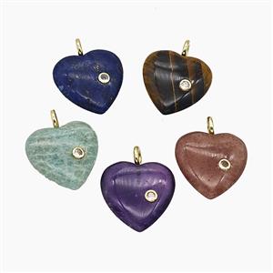 Natural Gemstone Heart Pendant Pave Zirconia Mix, approx 25mm