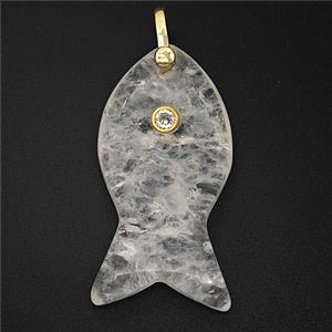 Natural Clear Crystal Quartz Fish Pendant Pave Zirconia, approx 20-40mm