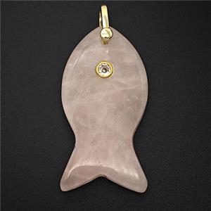 Natural Pink Rose Quartz Fish Pendant Pave Zirconia, approx 20-40mm