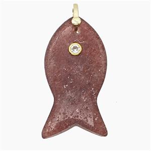 Natural Pink Strawberry Quartz Fish Pendant Pave Zirconia, approx 20-40mm