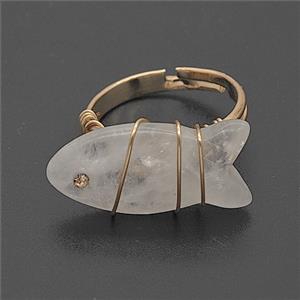 Clear Crystal Quartz Fish Copper Rings Wire Wrapped Gold Plated, approx 16-22mm, 18mm dia