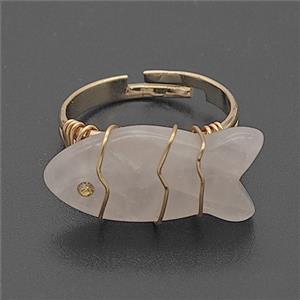 Rose Quartz Fish Copper Rings Wire Wrapped Gold Plated, approx 16-22mm, 18mm dia