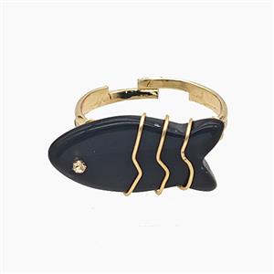 Black Obsidian Fish Copper Rings Wire Wrapped Gold Plated, approx 16-22mm, 18mm dia