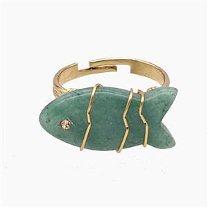 Green Strawberry Quartz Fish Copper Rings Wire Wrapped Gold Plated, approx 16-22mm, 18mm dia